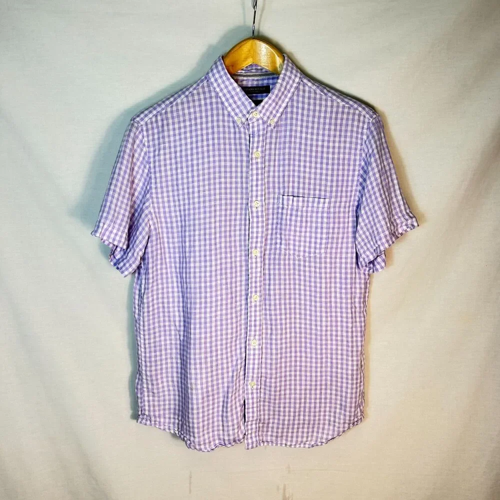Banana Republic Men's Lavender White Linen Gingham SS Button-Down Shirt Size M